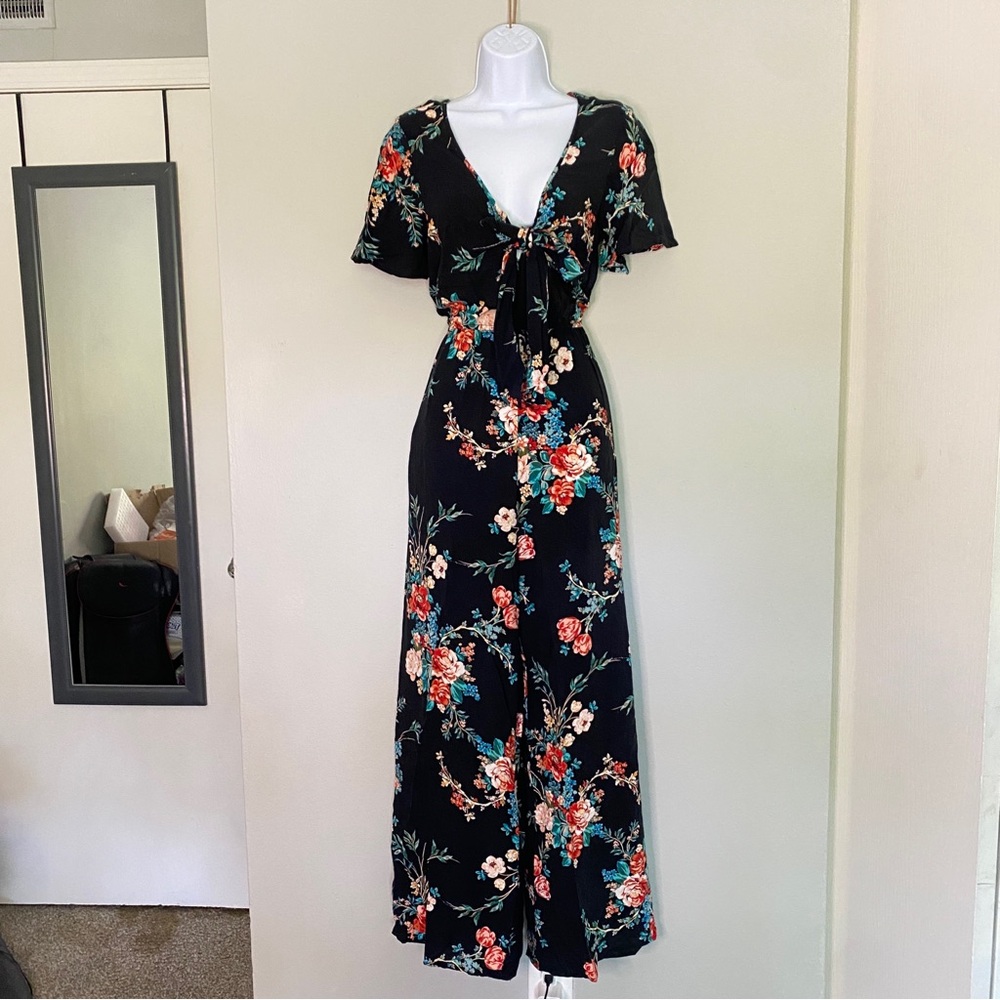 Band of Gypsies Black and Red Floral Jumpsuit with V-Neck
